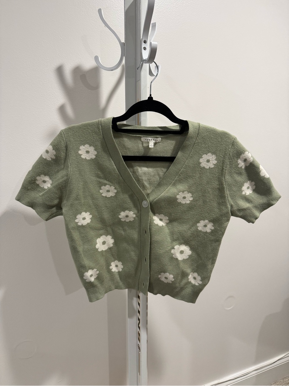 Floral Knit V-Neck Cardigan - Sage Green